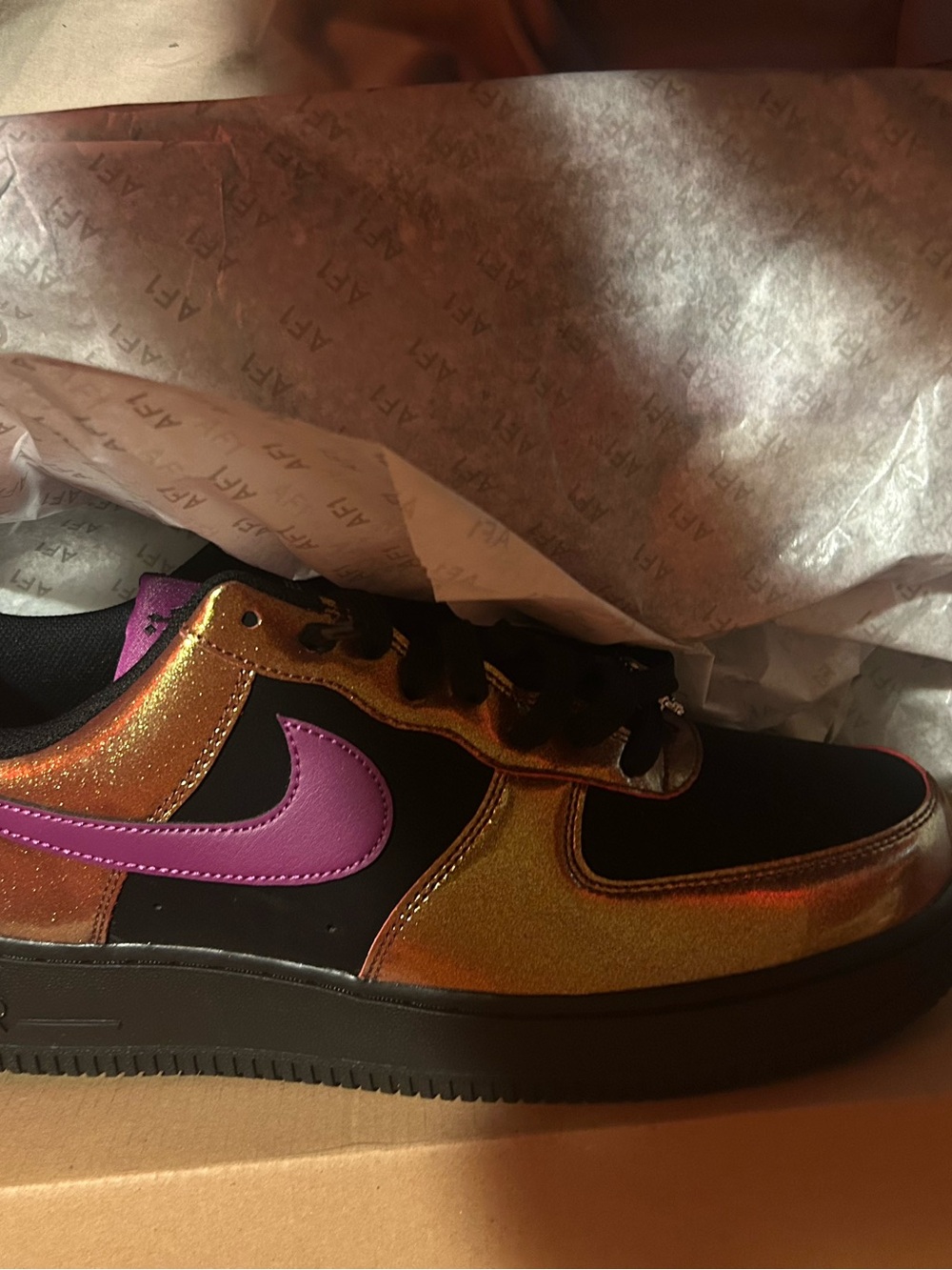 Nike Low-Top Air Force One Sneaker — Black with Iridescent Gold and Purple Swoos